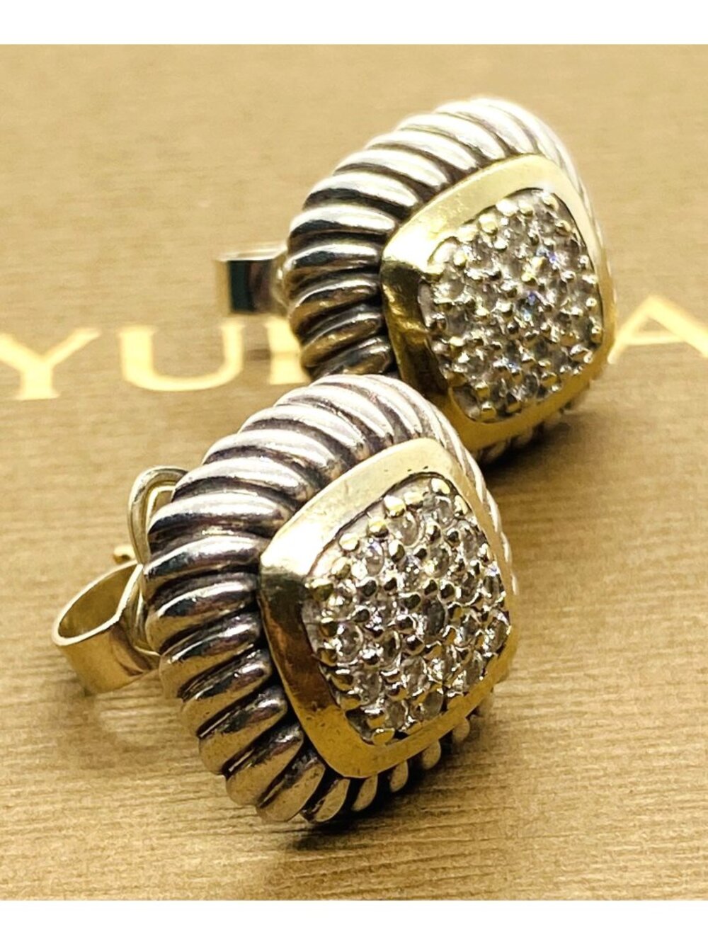 David Yurman Albion Sterling Silver 925 18K Yellow Gold Pave Diamond Earrings